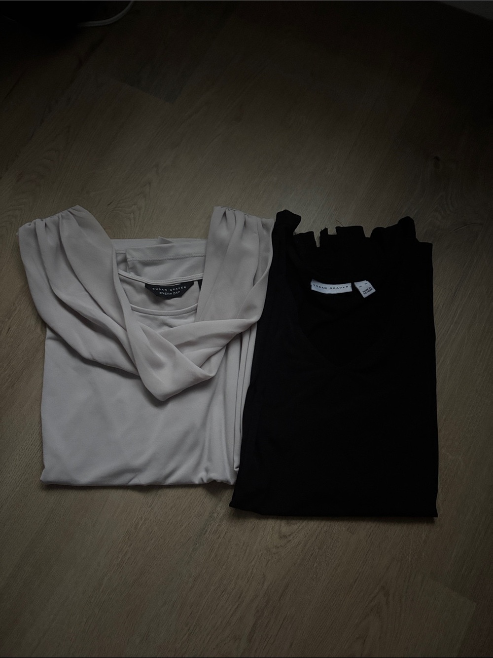 Tan Draped Neck Top & Black Ruffle Neck Top - Versatile Duo